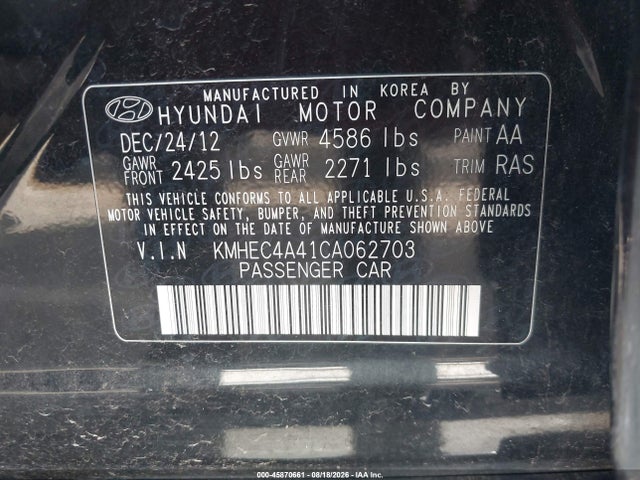 2012 Hyundai Sonata Hybrid მანქანა იყიდება აუქციონზე, vin: KMHEC4A41CA062703, აუქციონის ნომერი: 45870661