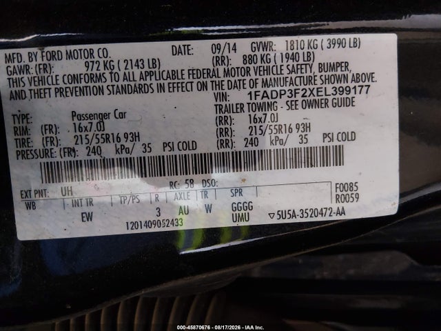 Aukcja sprzedaży 2014 Ford Focus Se, vin: 1FADP3F2XEL399177, numer aukcji: 45870676