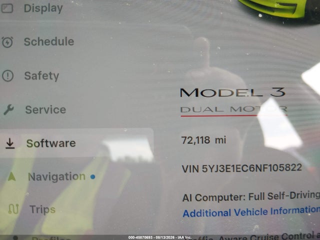 45870693 :رقم المزاد ، 5YJ3E1EC6NF105822 vin ، 2022 Tesla Model 3 Performance Dual Motor All-wheel Drive مزاد بيع