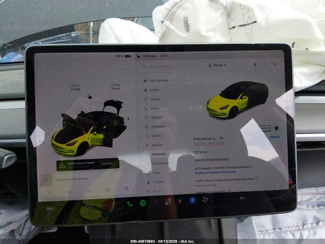 45870693 :رقم المزاد ، 5YJ3E1EC6NF105822 vin ، 2022 Tesla Model 3 Performance Dual Motor All-wheel Drive مزاد بيع