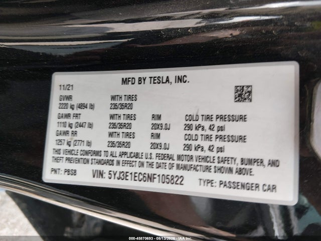 45870693 :رقم المزاد ، 5YJ3E1EC6NF105822 vin ، 2022 Tesla Model 3 Performance Dual Motor All-wheel Drive مزاد بيع