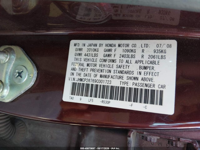 Aukcja sprzedaży 2009 Honda Accord 2.4 Ex, vin: JHMCP26769C001723, numer aukcji: 45870697