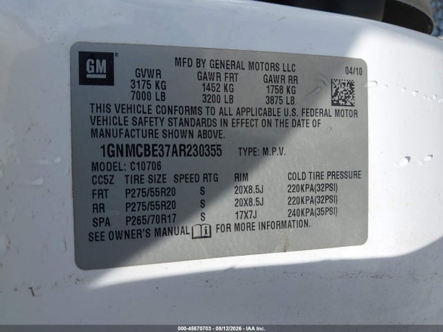 45870703 :رقم المزاد ، 1GNMCBE37AR230355 vin ، 2010 Chevrolet Tahoe Lt مزاد بيع
