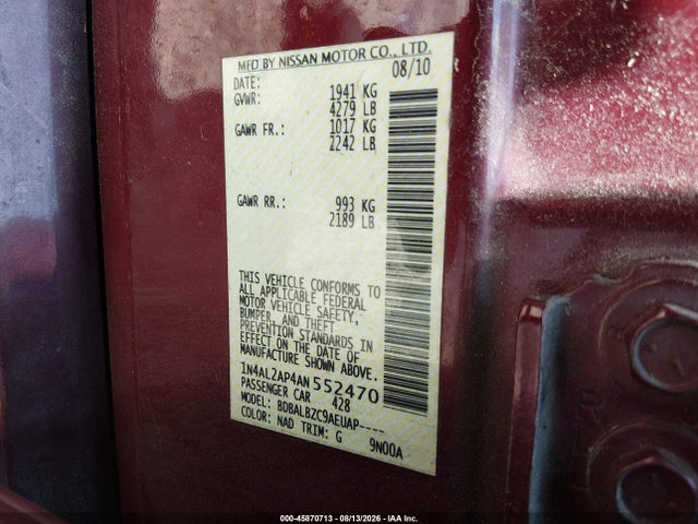 2010 Nissan Altima 2.5 S მანქანა იყიდება აუქციონზე, vin: 1N4AL2AP4AN552470, აუქციონის ნომერი: 45870713