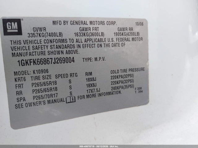 Aukcja sprzedaży 2007 Gmc Yukon Xl Denali Denali, vin: 1GKFK66867J269004, numer aukcji: 45870719