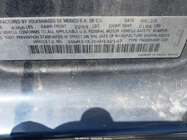Продажа на аукционе авто 2010 Volkswagen Jetta Limited Edition, vin: 3VWRX7AJ0AM142167, номер лота: 45870721