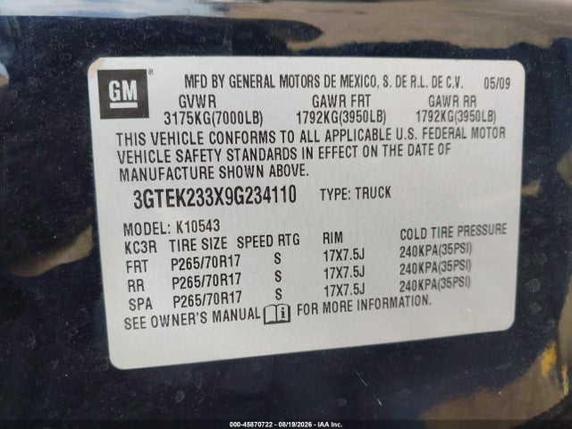 45870722 :رقم المزاد ، 3GTEK233X9G234110 vin ، 2009 Gmc Sierra 1500 Sle مزاد بيع