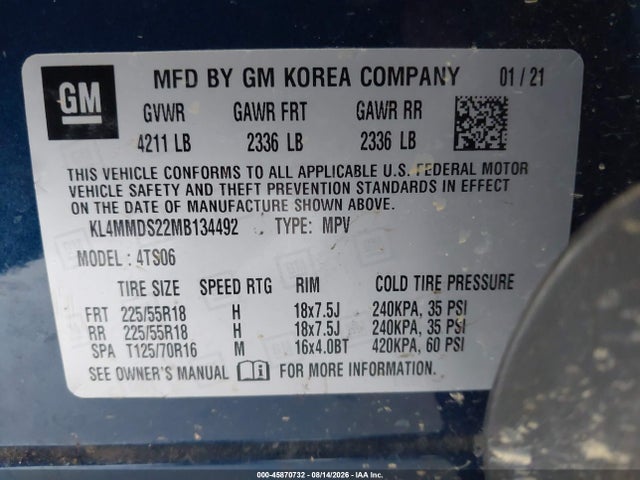 Auction sale of the 2021 Buick Encore Gx Fwd Select, vin: KL4MMDS22MB134492, lot number: 45870732