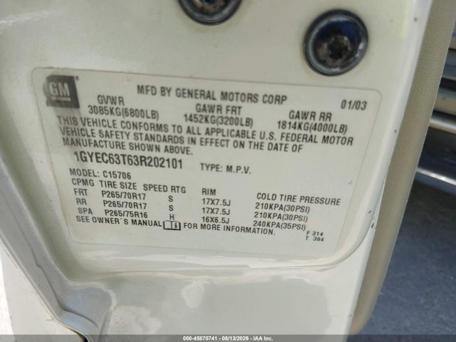 45870741 :رقم المزاد ، 1GYEC63T63R202101 vin ، 2003 Cadillac Escalade Standard مزاد بيع