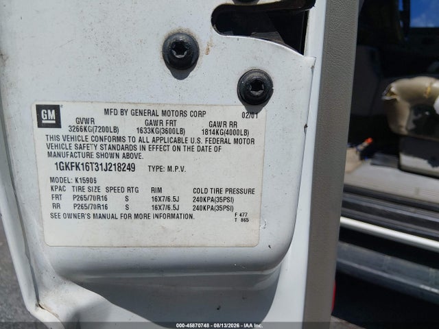 45870748 :رقم المزاد ، 1GKFK16T31J218249 vin ، 2001 Gmc Yukon Xl 1500 Slt مزاد بيع