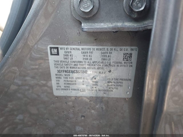 45870760 :رقم المزاد ، 3GYFNGE39CS623342 vin ، 2012 Cadillac Srx Standard مزاد بيع