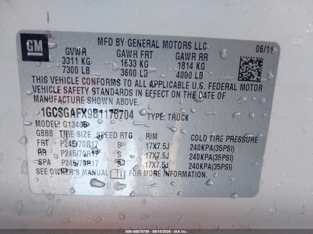 45870789 :رقم المزاد ، 1GCSGAFX9B1176704 vin ، 2011 Chevrolet Express 1500 Work Van مزاد بيع