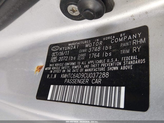2012 Hyundai Veloster Base W/gray მანქანა იყიდება აუქციონზე, vin: KMHTC6AD9CU037288, აუქციონის ნომერი: 45870826