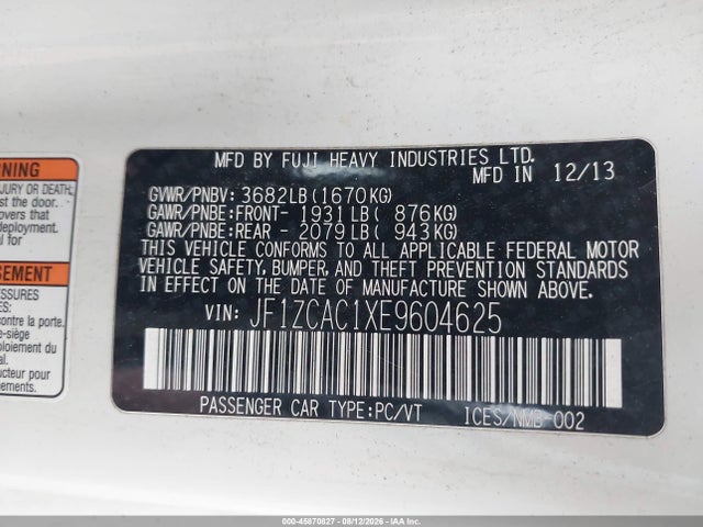 Aukcja sprzedaży 2014 Subaru Brz Limited, vin: JF1ZCAC1XE9604625, numer aukcji: 45870827