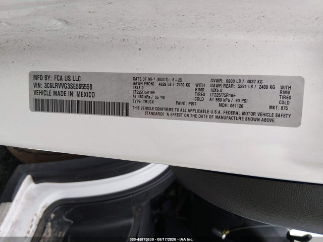 Продажа на аукционе авто 2025 Ram Promaster 2500 Slt Low Roof 136 Wb, vin: 3C6LRVVG3SE565558, номер лота: 45870839