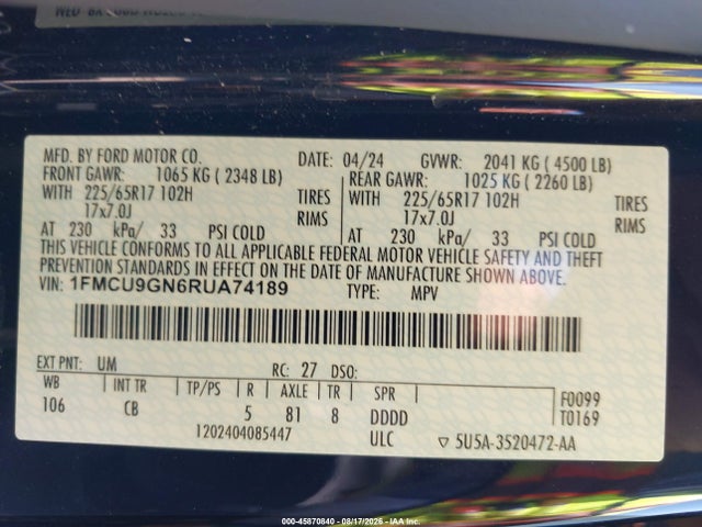 1FMCU9GN6RUA74189 Ford Escape Active