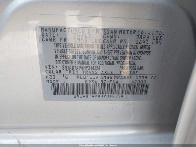Aukcja sprzedaży 2017 Nissan Sentra S, vin: 3N1AB7AP4HY314354, numer aukcji: 45870870