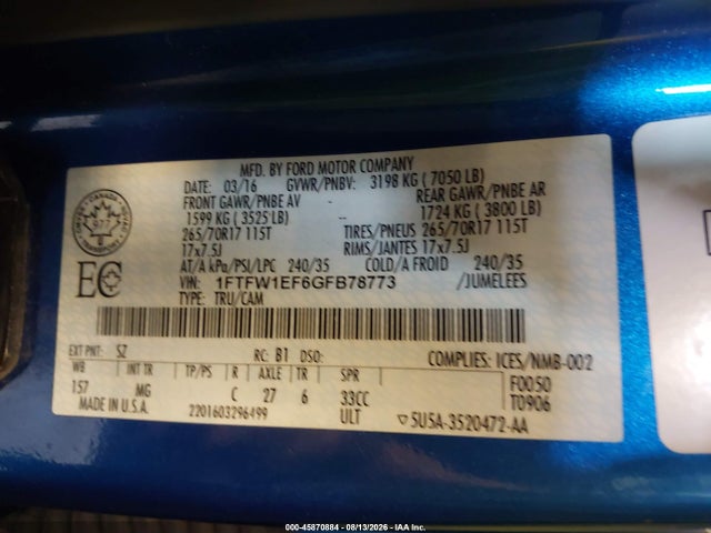 45870884 :رقم المزاد ، 1FTFW1EF6GFB78773 vin ، 2016 Ford F-150 Xlt مزاد بيع