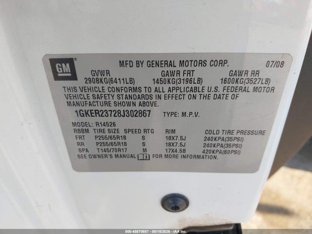 Aukcja sprzedaży 2008 Gmc Acadia Slt-1, vin: 1GKER23728J302867, numer aukcji: 45870887