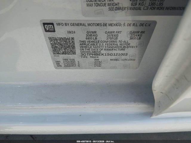 45870910 :رقم المزاد ، 3GTPHBEK1SG121003 vin ، 2025 Gmc Sierra 1500 2wd  Short Box Sle مزاد بيع