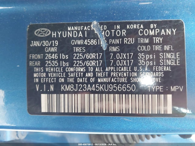Aukcja sprzedaży 2019 Hyundai Tucson Se, vin: KM8J23A45KU956650, numer aukcji: 45870912