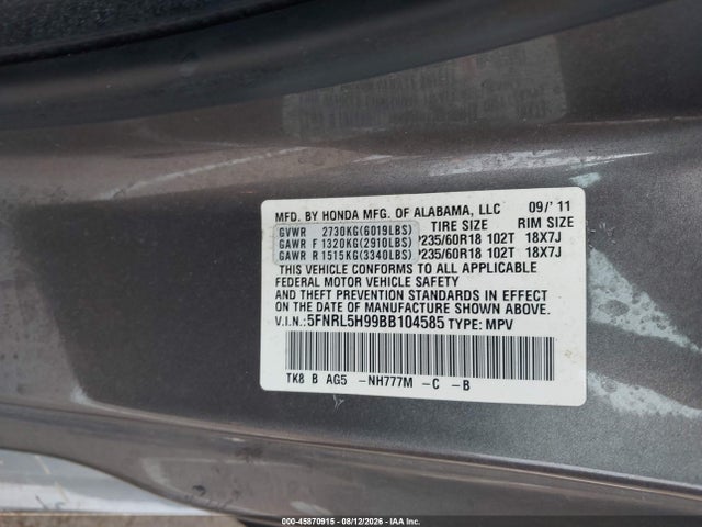 45870915 :رقم المزاد ، 5FNRL5H99BB104585 vin ، 2011 Honda Odyssey Touring/touring Elite مزاد بيع