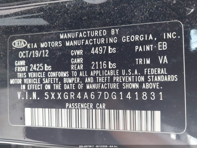 45870917 :رقم المزاد ، 5XXGR4A67DG141831 vin ، 2013 Kia Optima Sx مزاد بيع