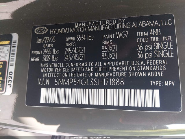 45870932 :رقم المزاد ، 5NMP54GL3SH121888 vin ، 2025 Hyundai Santa Fe Calligraphy مزاد بيع