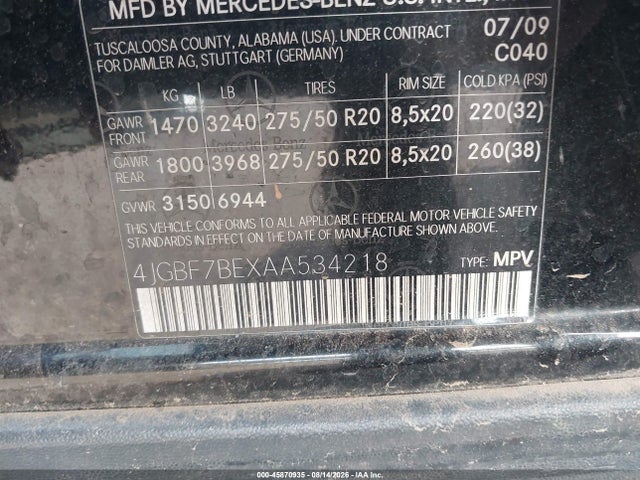 45870935 :رقم المزاد ، 4JGBF7BEXAA534218 vin ، 2010 Mercedes-benz Gl 450 4matic مزاد بيع