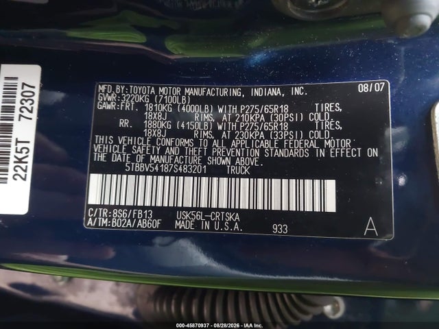 45870937 :رقم المزاد ، 5TBBV54187S483201 vin ، 2007 Toyota Tundra Sr5 5.7l V8 مزاد بيع