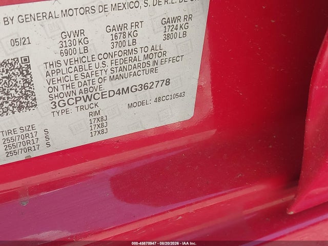 Продаж на аукціоні авто 2021 Chevrolet Silverado 1500 2wd  Short Bed Lt, vin: 3GCPWCED4MG362778, номер лоту: 45870947