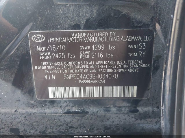 2011 Hyundai Sonata Limited მანქანა იყიდება აუქციონზე, vin: 5NPEC4AC9BH034070, აუქციონის ნომერი: 45870956