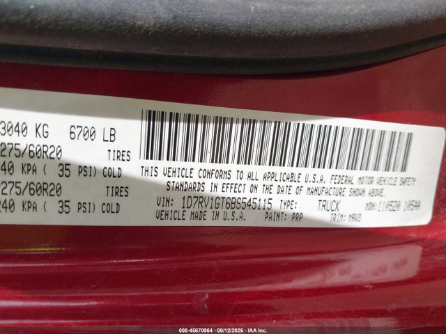 2011 Ram Ram 1500 Slt მანქანა იყიდება აუქციონზე, vin: 1D7RV1GT6BS545115, აუქციონის ნომერი: 45870964