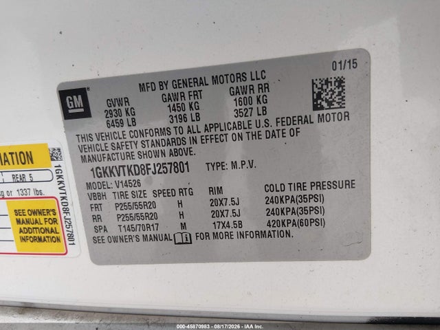 45870983 :رقم المزاد ، 1GKKVTKD8FJ257801 vin ، 2015 Gmc Acadia Denali مزاد بيع