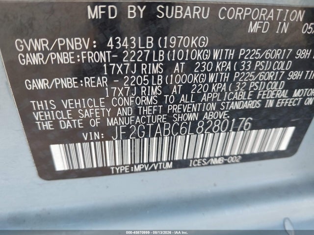 2020 Subaru Crosstrek მანქანა იყიდება აუქციონზე, vin: JF2GTABC6L8280176, აუქციონის ნომერი: 45870999