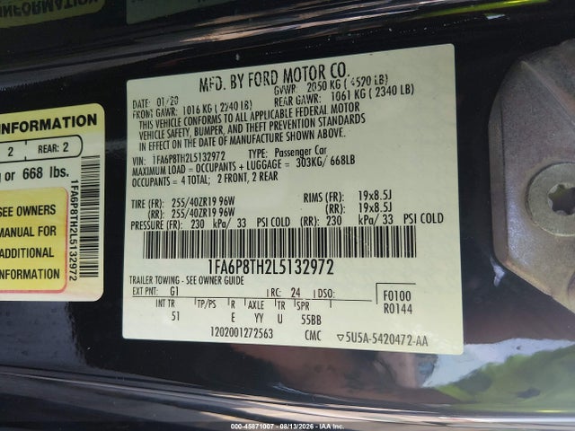Продажа на аукционе авто 2020 Ford Mustang Ecoboost Premium Fastback, vin: 1FA6P8TH2L5132972, номер лота: 45871007