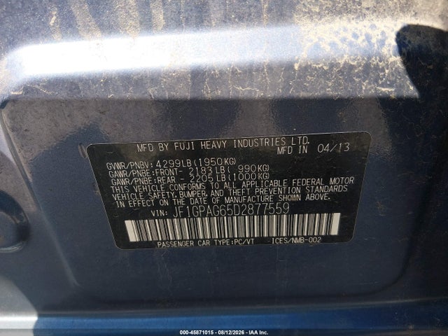 Продаж на аукціоні авто 2013 Subaru Impreza 2.0i Limited, vin: JF1GPAG65D2877559, номер лоту: 45871015