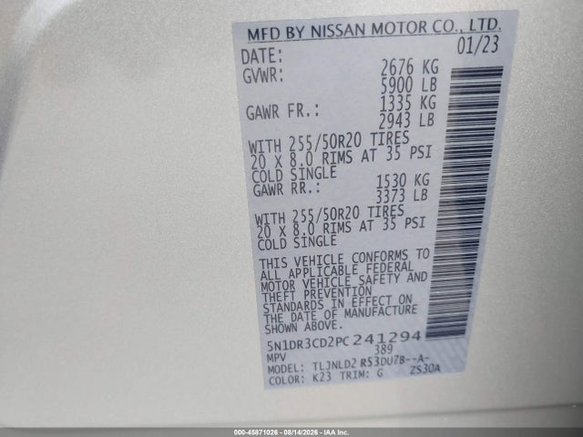 45871026 :رقم المزاد ، 5N1DR3CD2PC241294 vin ، 2023 Nissan Pathfinder Sl 4wd مزاد بيع