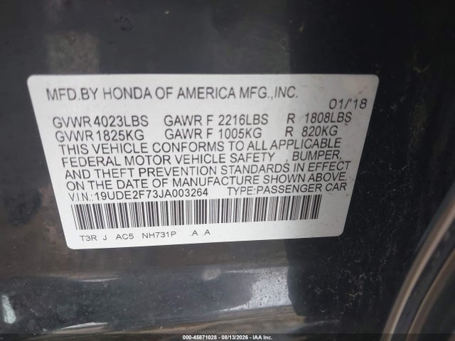 45871028 :رقم المزاد ، 19UDE2F73JA003264 vin ، 2018 Acura Ilx Premium Package/technology Plus Package مزاد بيع