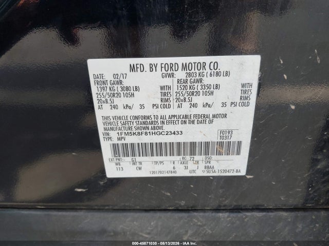 Продажа на аукционе авто 2017 Ford Explorer Limited, vin: 1FM5K8F81HGC23433, номер лота: 45871030