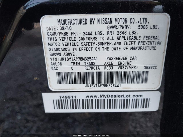 2011 Infiniti M37 მანქანა იყიდება აუქციონზე, vin: JN1BY1AP7BM325441, აუქციონის ნომერი: 45871031