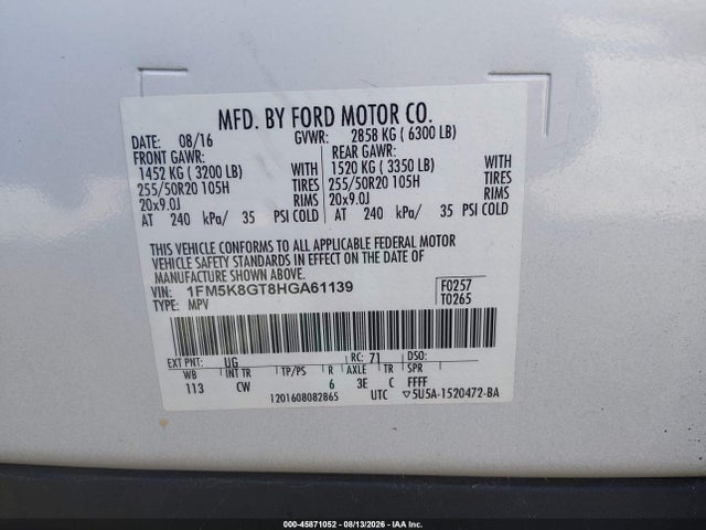 45871052 :رقم المزاد ، 1FM5K8GT8HGA61139 vin ، 2017 Ford Explorer Sport مزاد بيع