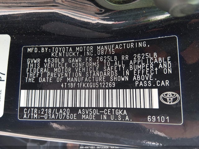 Auction sale of the 2016 Toyota Camry Xle, vin: 4T1BF1FKXGU512269, lot number: 45871053