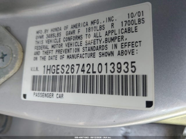 45871063 :رقم المزاد ، 1HGES26742L013935 vin ، 2002 Honda Civic Ex مزاد بيع