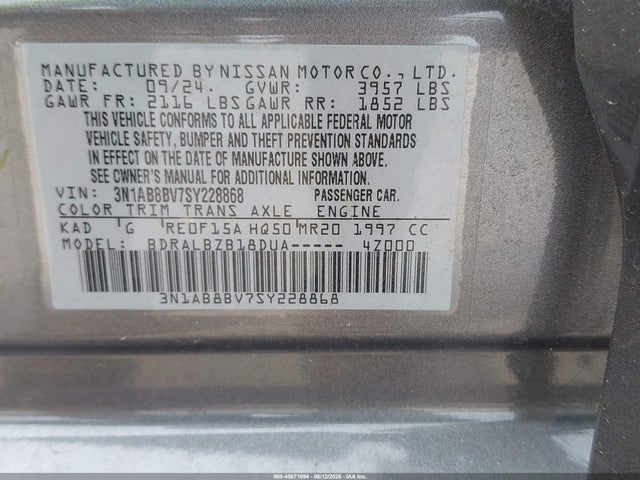 45871094 :رقم المزاد ، 3N1AB8BV7SY228868 vin ، 2025 Nissan Sentra S مزاد بيع