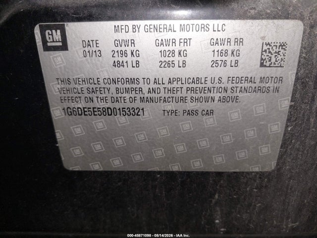 45871098 :رقم المزاد ، 1G6DE5E58D0153321 vin ، 2013 Cadillac Cts Luxury مزاد بيع