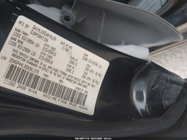 45871115 :رقم المزاد ، 2D4GP44L95R361376 vin ، 2005 Dodge Grand Caravan Sxt مزاد بيع