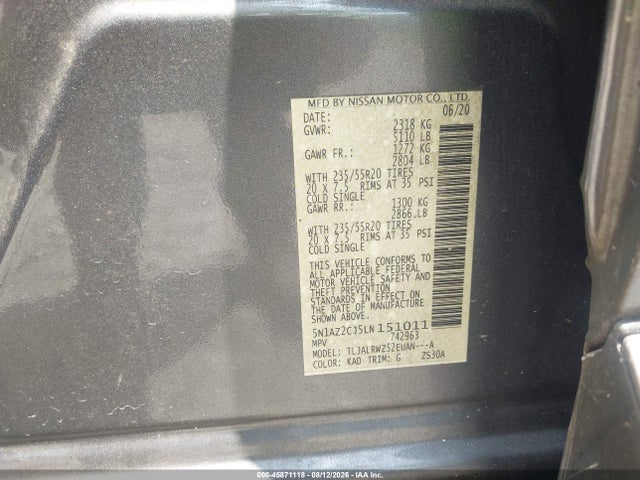 Auction sale of the 2020 Nissan Murano Sl Fwd, vin: 5N1AZ2CJ5LN151011, lot number: 45871118