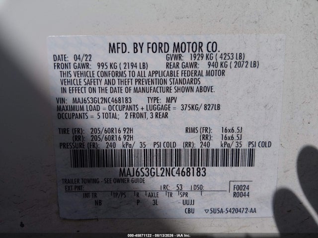 Продажа на аукционе авто 2022 Ford Ecosport Se, vin: MAJ6S3GL2NC468183, номер лота: 45871122