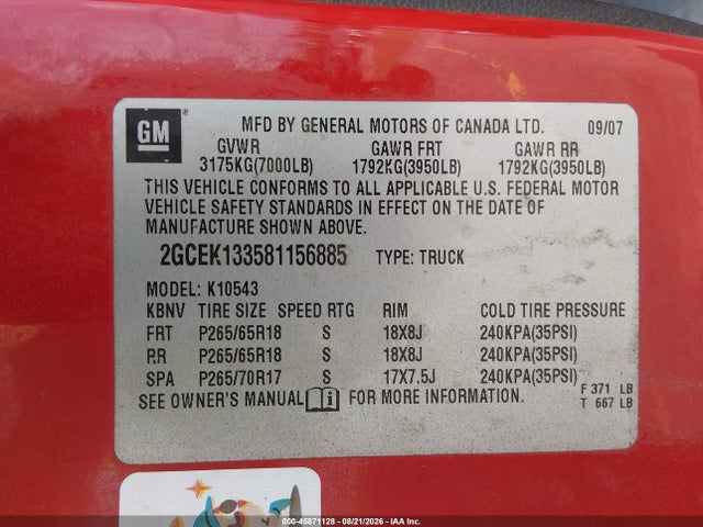 Aukcja sprzedaży 2008 Chevrolet Silverado 1500 Lt1, vin: 2GCEK133581156885, numer aukcji: 45871128